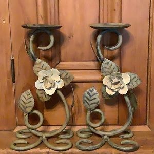 Vintage Rustic Looking Magnolia Flowers Metal Pillar Candle Holders Pair 11 1/2”